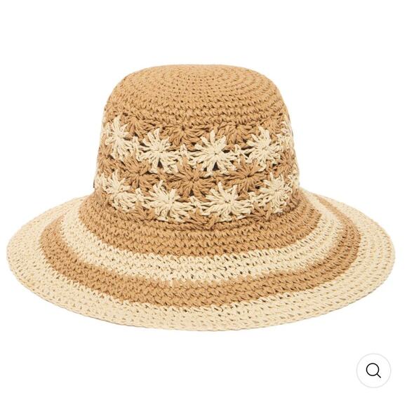 San Diego Hat Company Anthropologie Floral Striped Crocheted Bucket Hat Natural - Picture 5 of 8